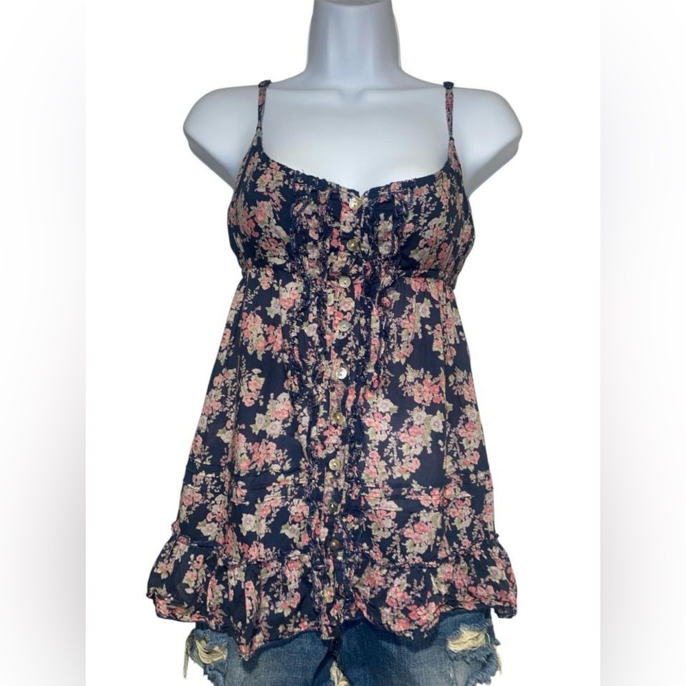 y2k navy and pink floral babydoll style tank top with button detailing